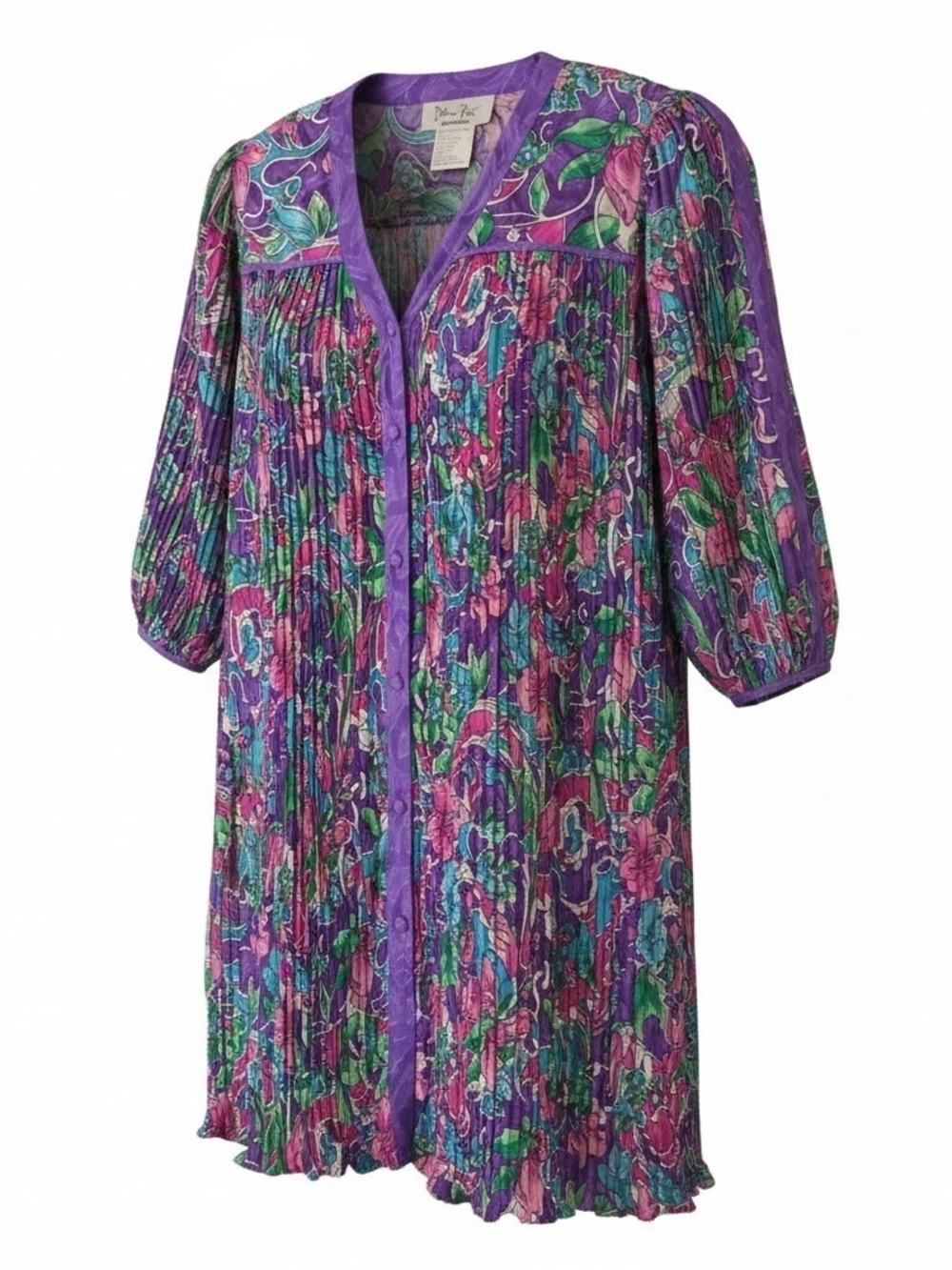 DIANE FREIS | Vintage 80s Pintuck Tunic Dress Floral Boho Caftan Purple | 2X 3X